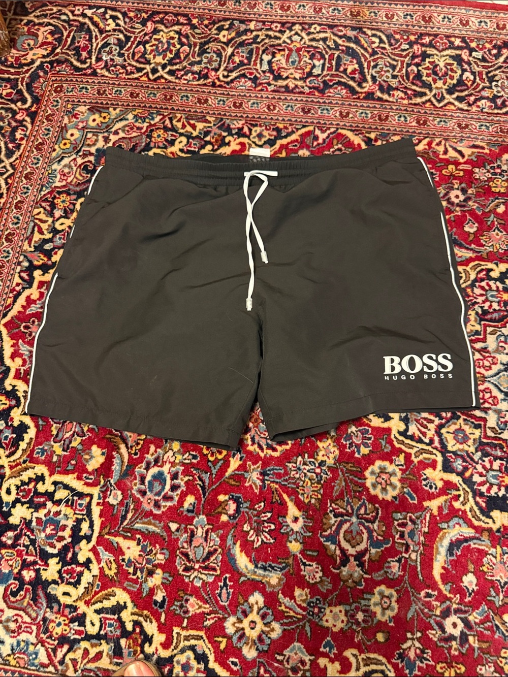 Hugo Boss Black Athletic Shorts with White Drawstring and Side Trim